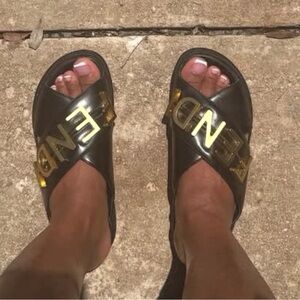 Fendi Black Slides with Gold Logo